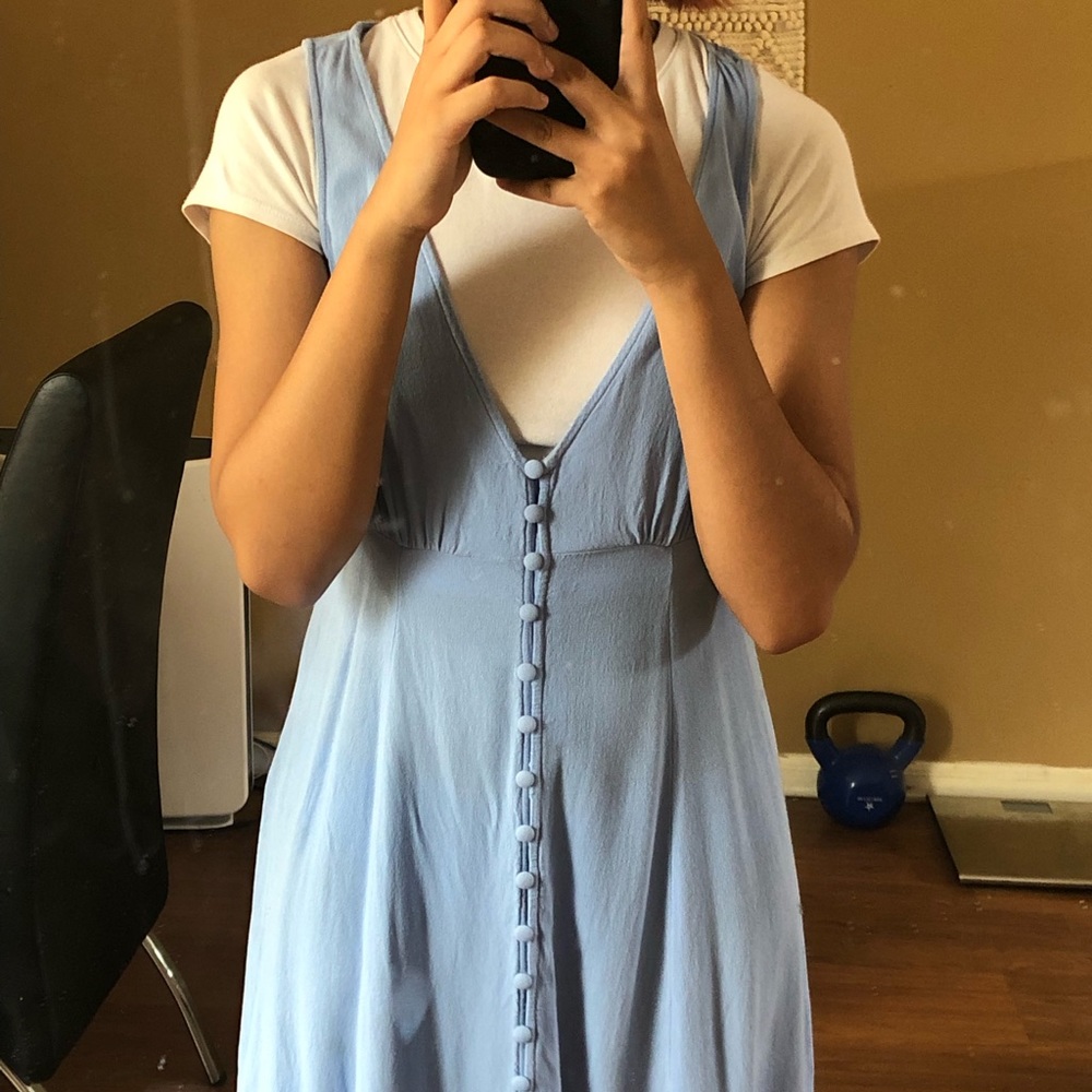 Blue Plunging V Neck Button Up Dress